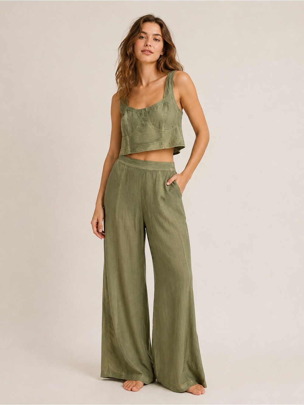 Japna Olive Green Smocked Top with Wide Strap Detail